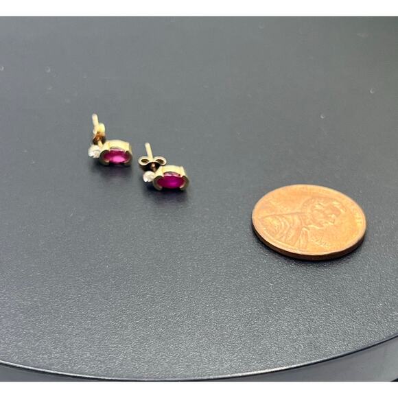 Designer Yellow Gold 14K July Ruby and Diamond Post Back Stud Elegant Earrings - Picture 10 of 11